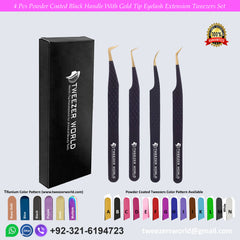 4 Pcs Powder Coated Black Handle With Gold Tip Eyelash Extension Tweezers Set