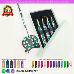 5 Pcs Print Powder Coated Handle With Gold Fiber Tip Eyelash Extension Tweezers Set