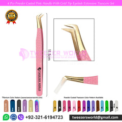 4pcs Professional Pink Handle Gold Tip Eyelash Tweezers Sets