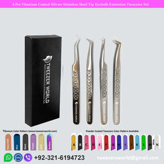 4 Pcs Titanium Coated Silver Stainless Steel Tip Eyelash Extension Tweezers Set