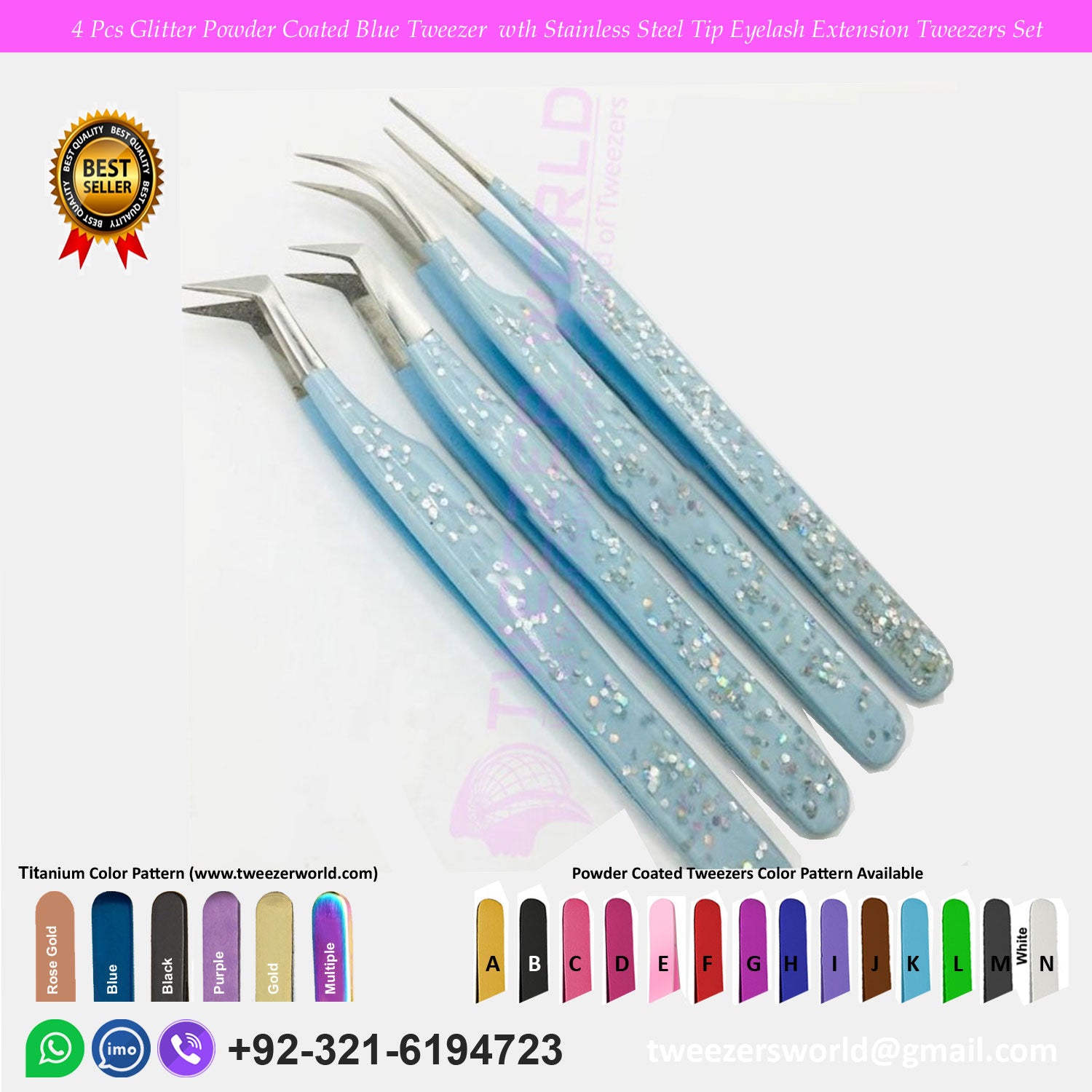 4 Pcs Glitter Powder Coated Blue Tweezer  with Stainless Steel Tip Eyelash Extension Tweezers Set