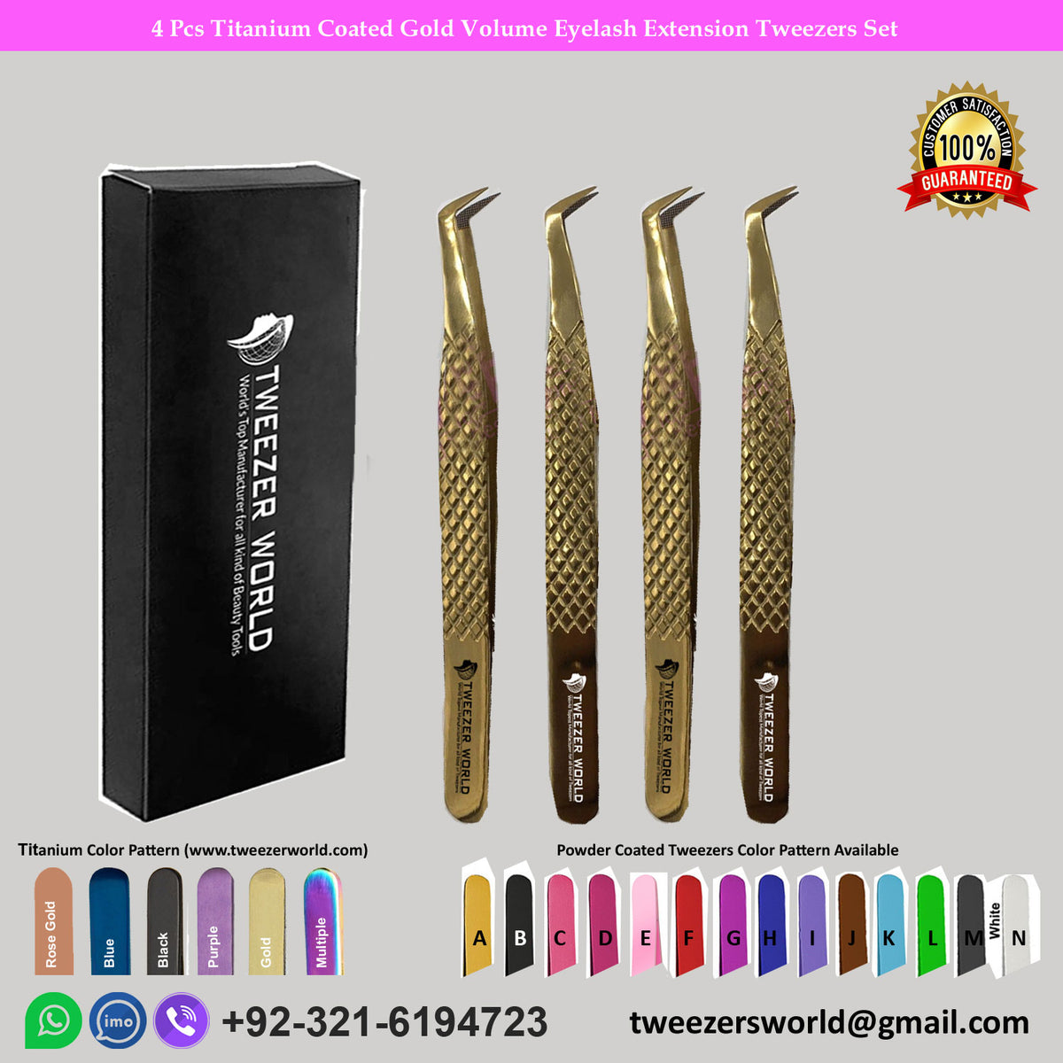 4 Pcs Titanium Coated Gold Volume Eyelash Extension Tweezers Set