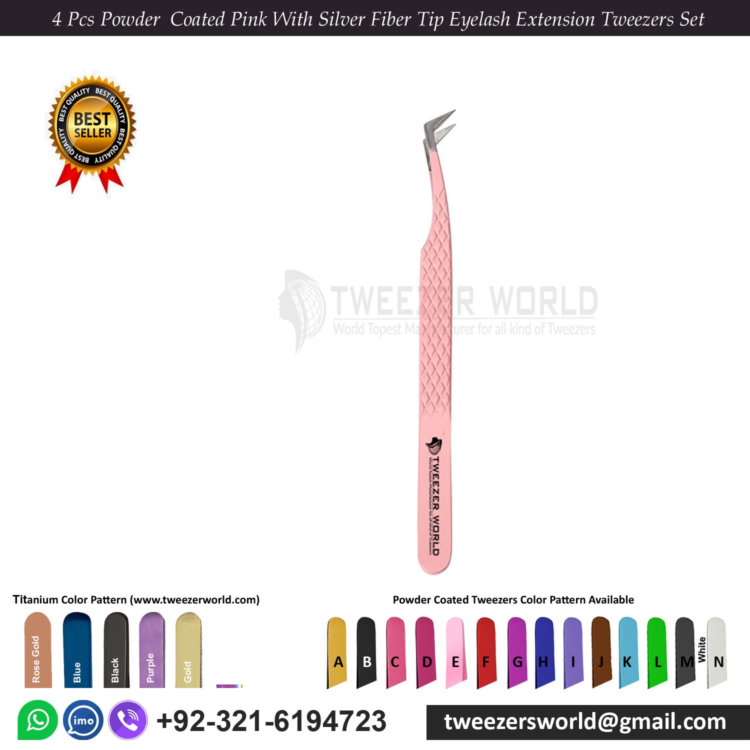 4 Pcs Powder  Coated Pink With Silver Fiber Tip Eyelash Extension Tweezers Set