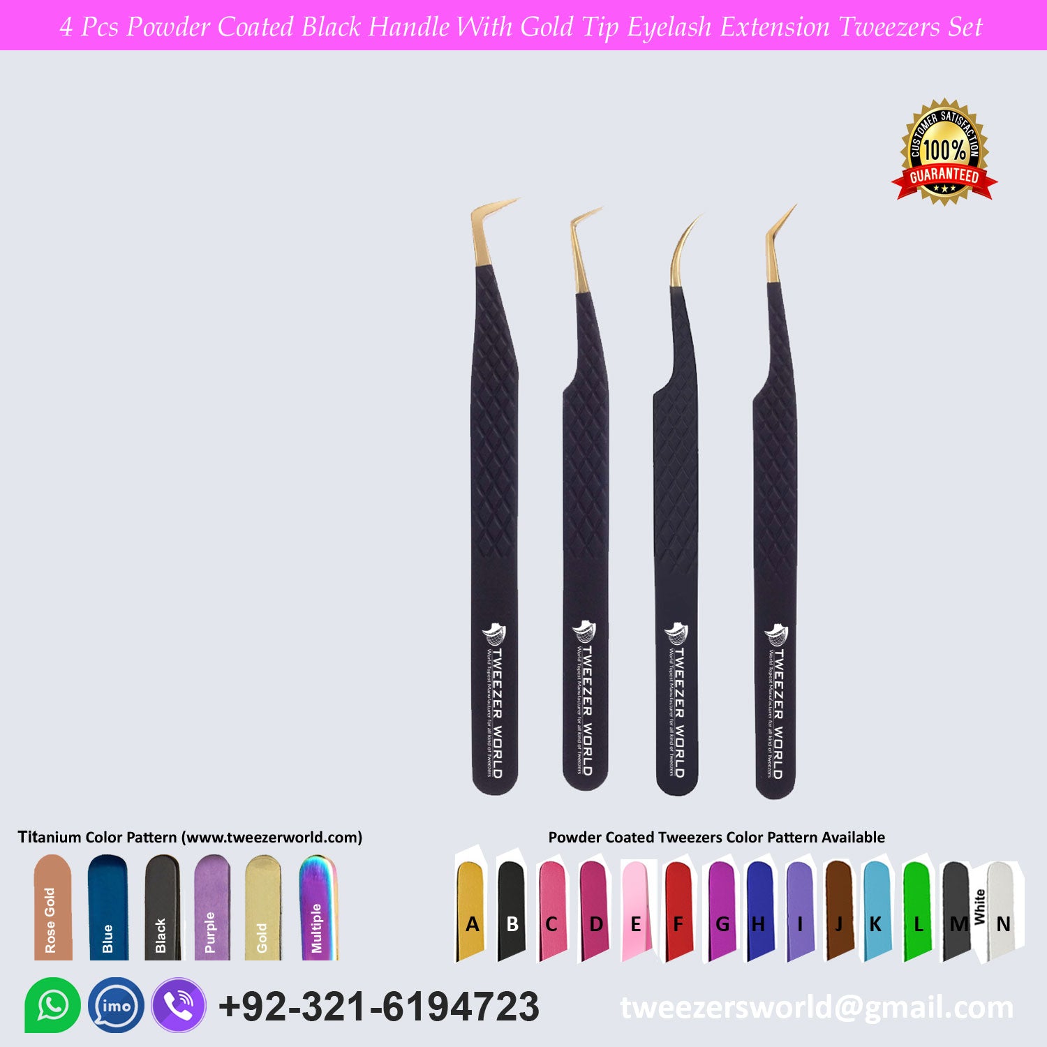 4 Pcs Powder Coated Black Handle With Gold Tip Eyelash Extension Tweezers Set