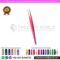 4 Pcs Powder Coated Pink With Gold Fiber Tip Eyelash Extension Tweezers Set