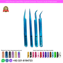 4 Pcs Plasma Coated Blue Handle Eyelash Extension Tweezers Set for Professionals