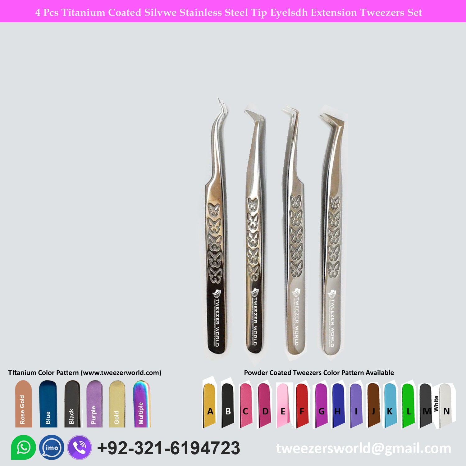 4 Pcs Titanium Coated Silver Stainless Steel Tip Eyelash Extension Tweezers Set