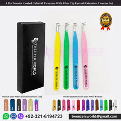 4 Pcs Powder  Coated Colorful Tweezers With Fiber Tip Eyelash Extension Tweezer Set