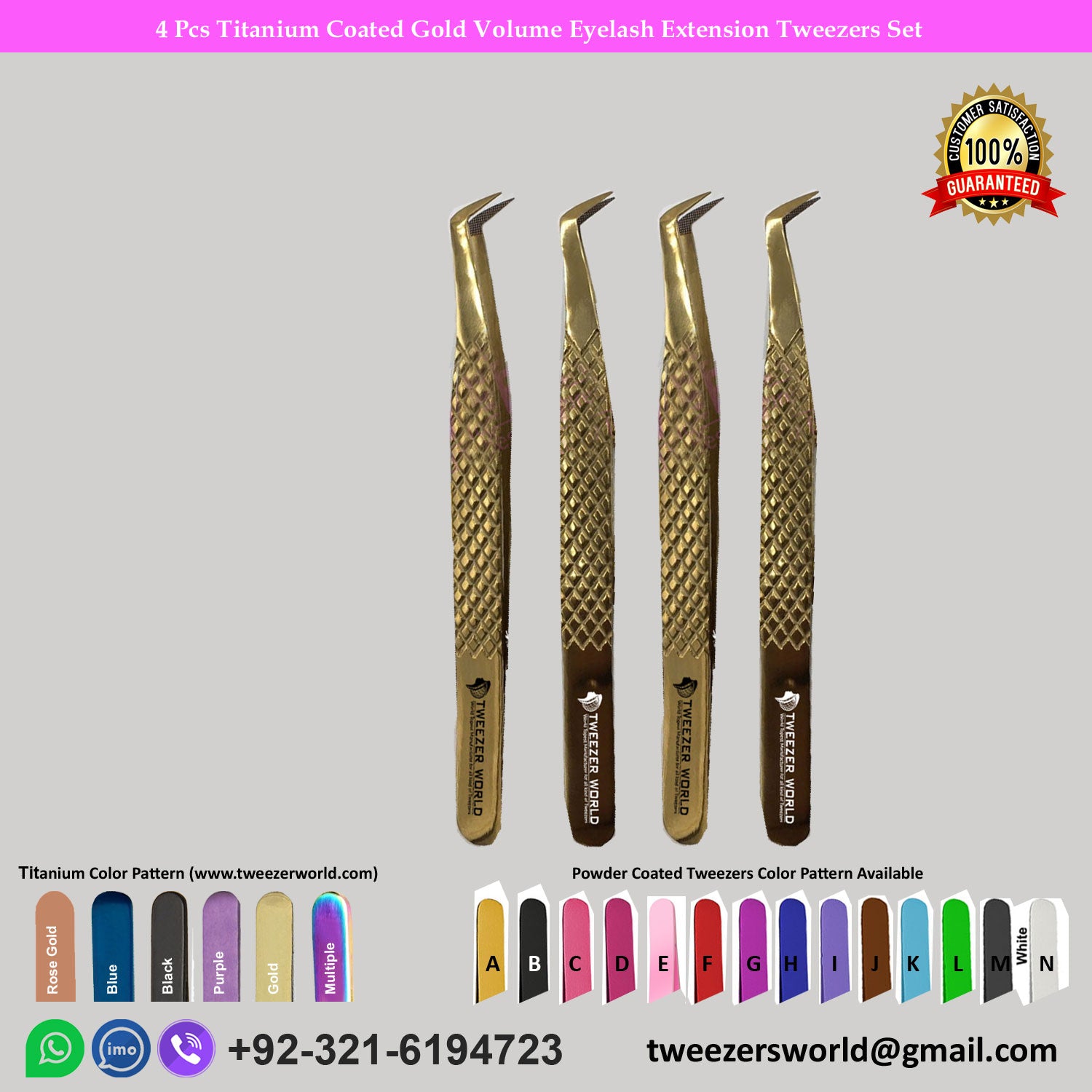 4 Pcs Titanium Coated Gold Volume Eyelash Extension Tweezers Set