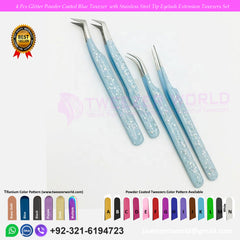 4 Pcs Glitter Powder Coated Blue Tweezer  with Stainless Steel Tip Eyelash Extension Tweezers Set