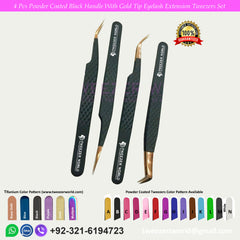 4 Pcs Powder Coated Black Handle With Gold Tip Eyelash Extension Tweezers Set