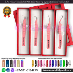 4 Pcs Powder  Coated Pink With Silver Fiber Tip Eyelash Extension Tweezers Set