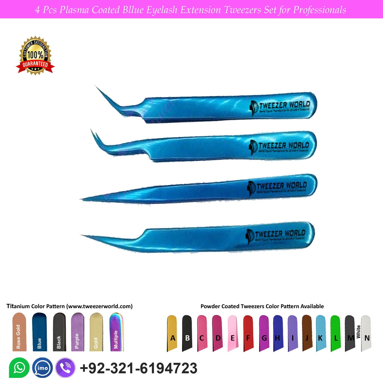 4 Pcs Plasma Coated Blue Handle Eyelash Extension Tweezers Set for Professionals