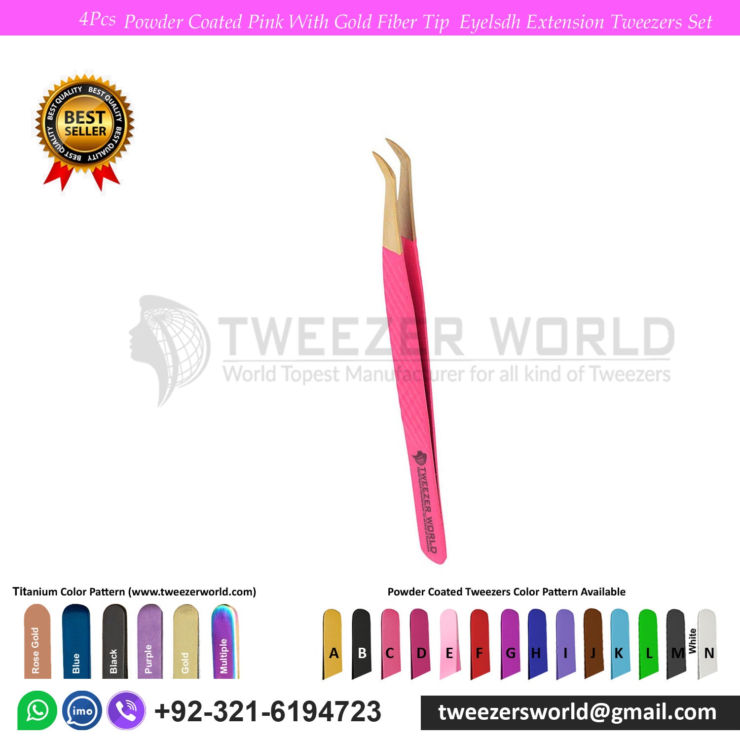 4 Pcs Powder Coated Pink With Gold Fiber Tip Eyelash Extension Tweezers Set