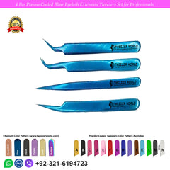 4 Pcs Plasma Coated Blue Handle Eyelash Extension Tweezers Set for Professionals