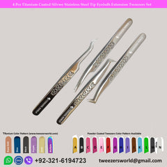 4 Pcs Titanium Coated Silver Stainless Steel Tip Eyelash Extension Tweezers Set