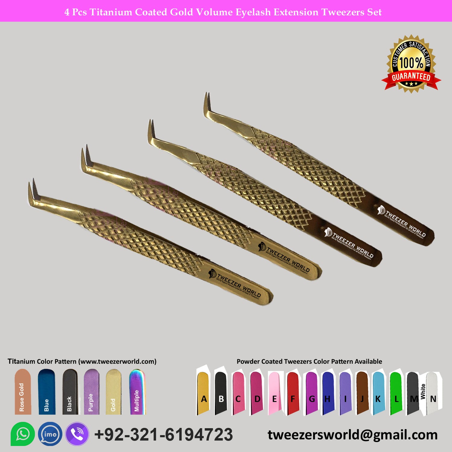 4 Pcs Titanium Coated Gold Volume Eyelash Extension Tweezers Set