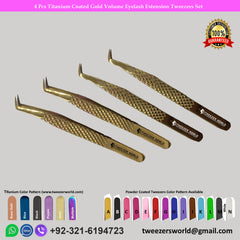 4 Pcs Titanium Coated Gold Volume Eyelash Extension Tweezers Set