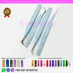 4 Pcs Glitter Powder Coated Blue Tweezer  with Stainless Steel Tip Eyelash Extension Tweezers Set