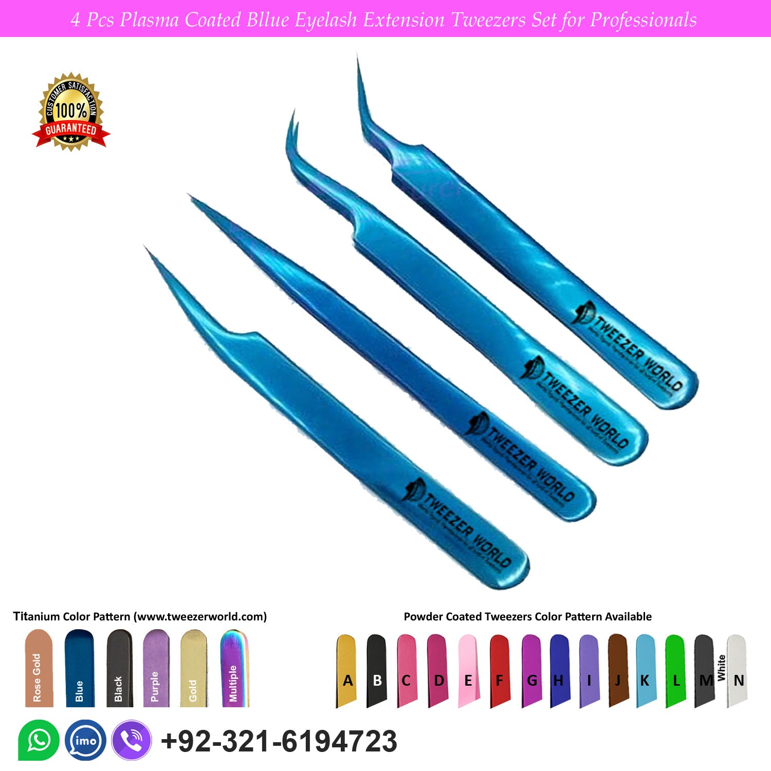 4 Pcs Plasma Coated Blue Handle Eyelash Extension Tweezers Set for Professionals