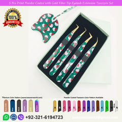 5 Pcs Print Powder Coated Handle With Gold Fiber Tip Eyelash Extension Tweezers Set