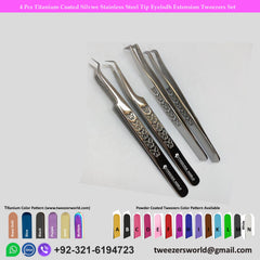 4 Pcs Titanium Coated Silver Stainless Steel Tip Eyelash Extension Tweezers Set