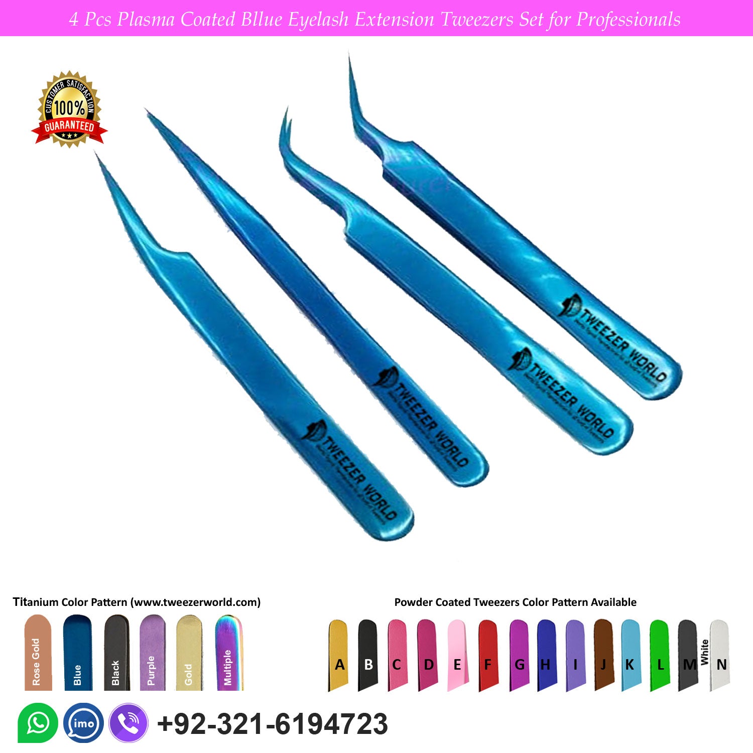 4 Pcs Plasma Coated Blue Handle Eyelash Extension Tweezers Set for Professionals