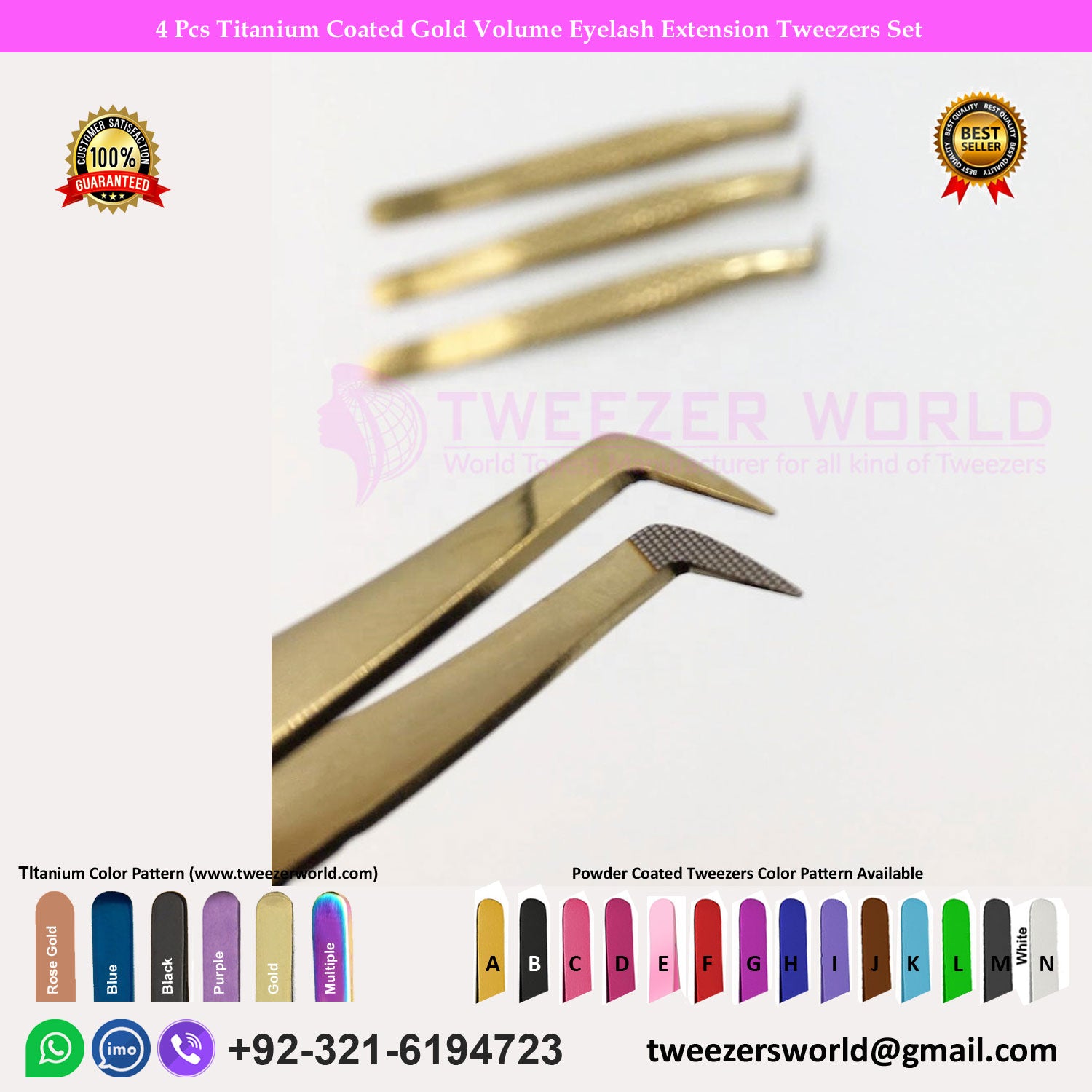 4 Pcs Titanium Coated Gold Volume Eyelash Extension Tweezers Set