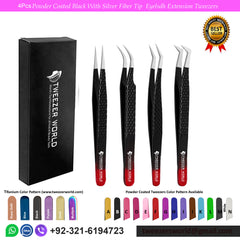 4 Pcs Powder Coated Black With Silver Fiber Tip Eyelash Extension Tweezers