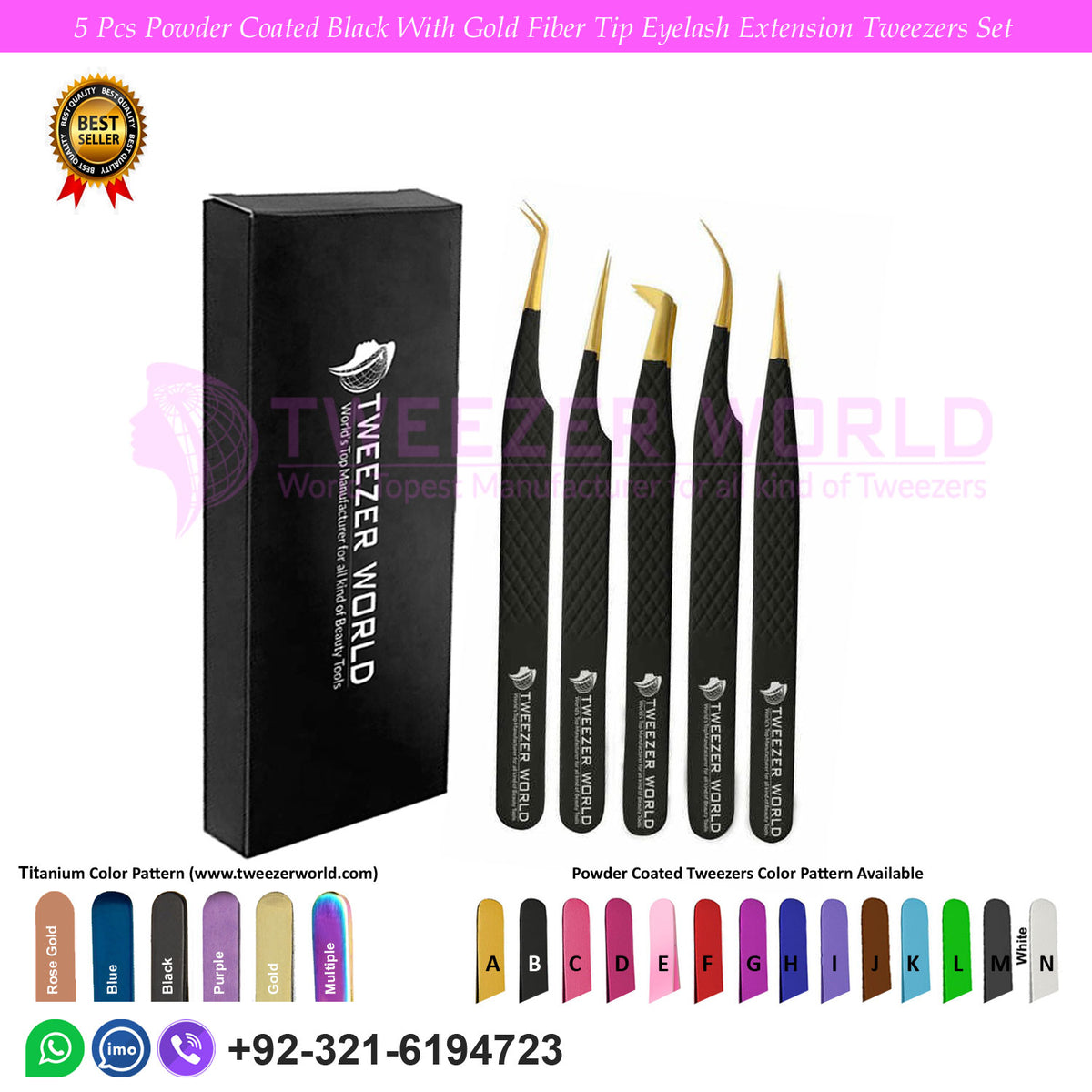 5 Pcs Powder Coated Black With Gold Fiber Tip Eyelash Extension Tweezers Set