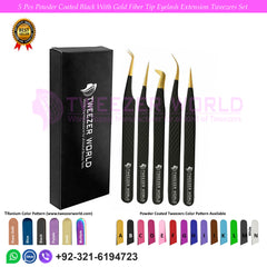 5 Pcs Powder Coated Black With Gold Fiber Tip Eyelash Extension Tweezers Set