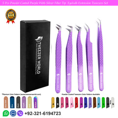 5 Pcs Powder Coated Purple With Silver Fiber Tip Eyelash Extension Tweezers Set