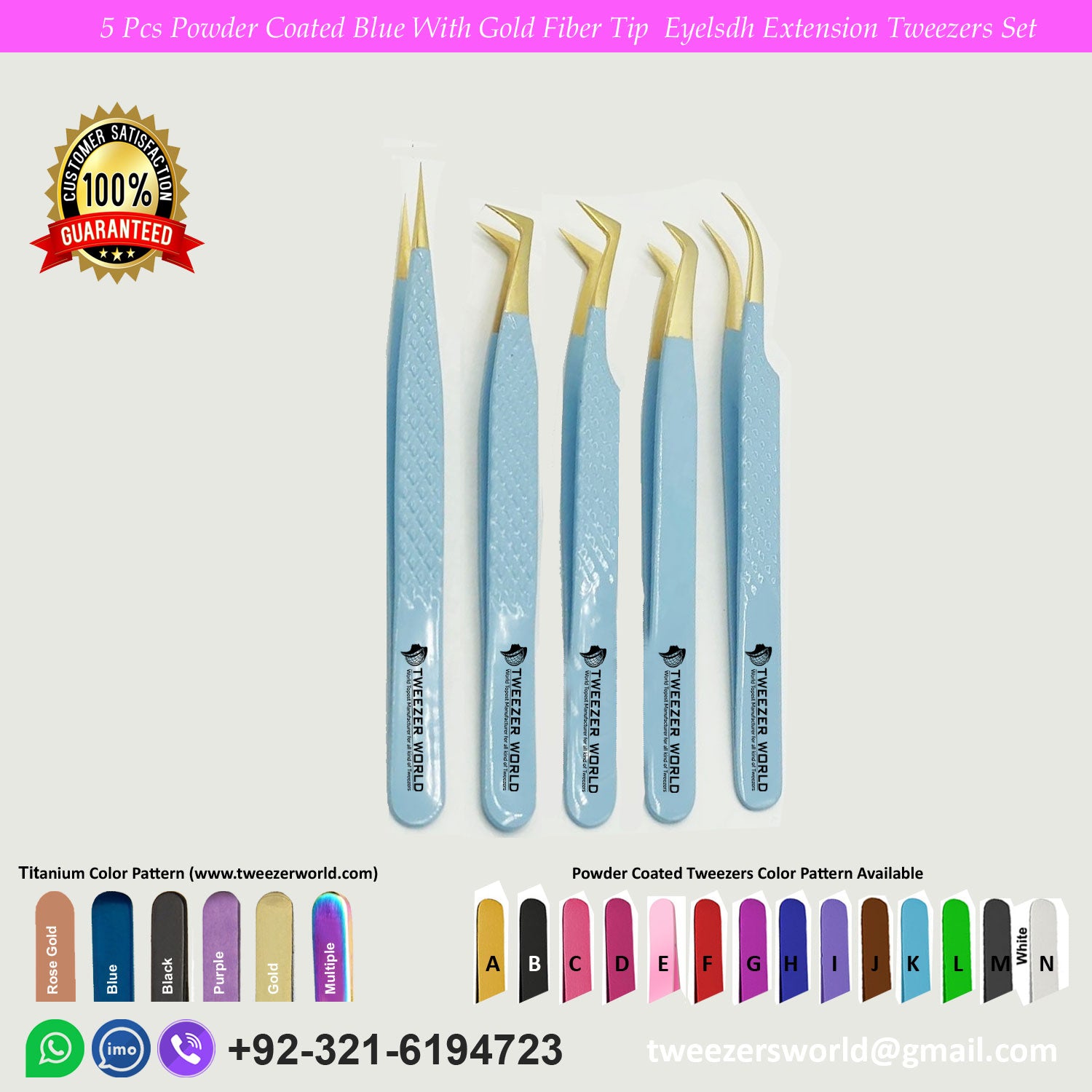 5 Pcs Powder Coated Blue Handle With Gold Fiber Tip Eyelash Extension Tweezers Set