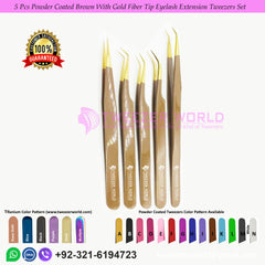 5 Pcs Powder Coated Brown With Gold Fiber Tip Eyelash Extension Tweezers Set For Professionals