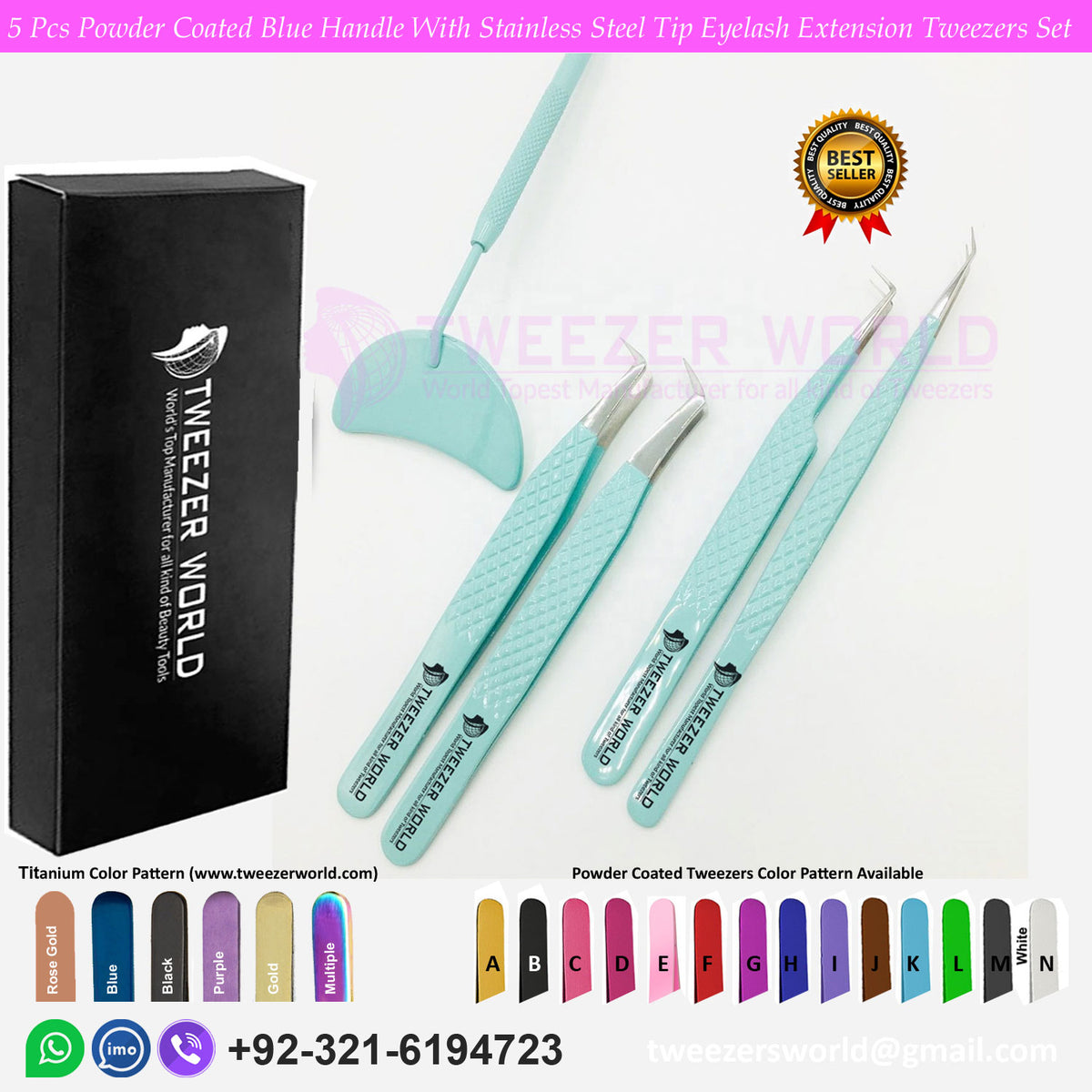 5 Pcs Powder Coated Sky Blue Handle with Stainless Steel Tip Eyelash Extension Tweezers Set