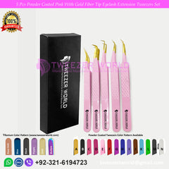 5 Pcs Powder Coated Pink With Gold Fiber Tip Eyelash Extension Tweezers Set