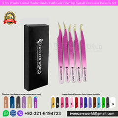 5 Pcs Powder Coated Double Shaded With Gold Fiber Tip Eyelash Extension Tweezers Set