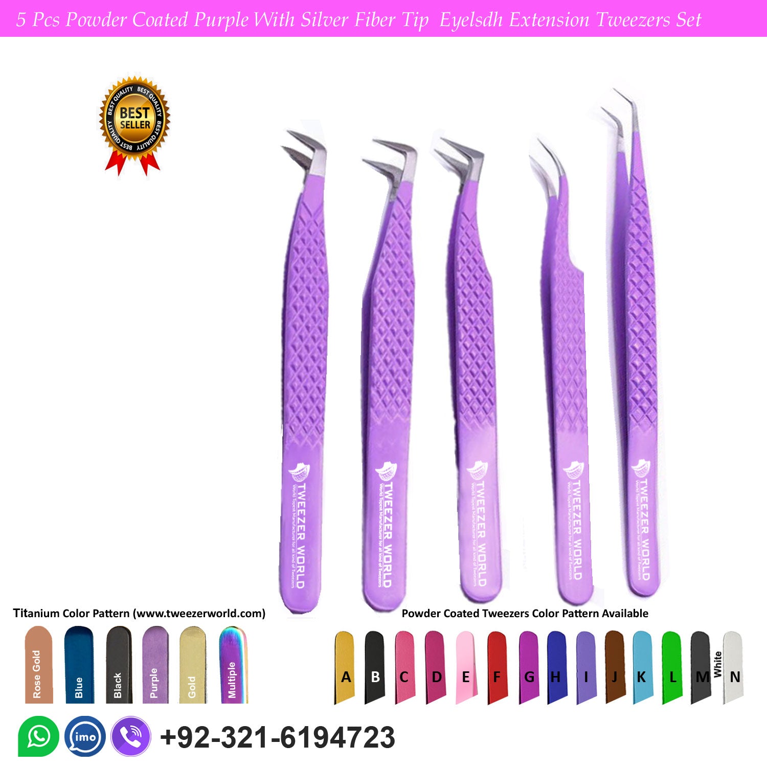 5 Pcs Powder Coated Purple With Silver Fiber Tip Eyelash Extension Tweezers Set