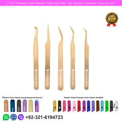 Beautiful Titanium Gold 5 Pcs Volume Boost Eyelash Extension Tweezers Set for Professionals