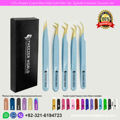 5 Pcs Powder Coated Blue Handle With Gold Fiber Tip Eyelash Extension Tweezers Set