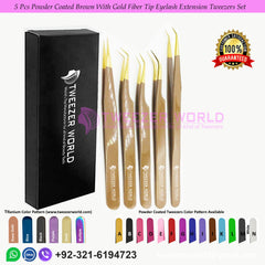 5 Pcs Powder Coated Brown With Gold Fiber Tip Eyelash Extension Tweezers Set For Professionals