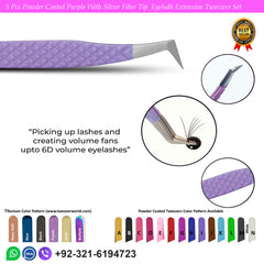 5 Pcs Powder Coated Purple With Silver Fiber Tip Eyelash Extension Tweezers Set