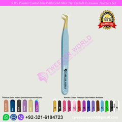 5 Pcs Powder Coated Blue Handle With Gold Fiber Tip Eyelash Extension Tweezers Set