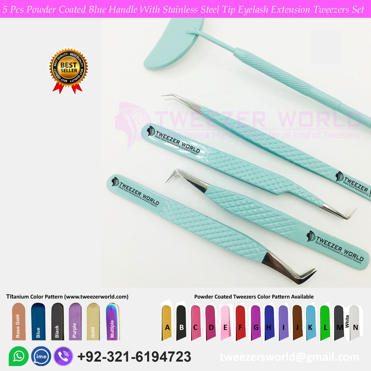 5 Pcs Powder Coated Sky Blue Handle with Stainless Steel Tip Eyelash Extension Tweezers Set