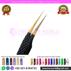 5 Pcs Powder Coated Black With Gold Fiber Tip Eyelash Extension Tweezers Set