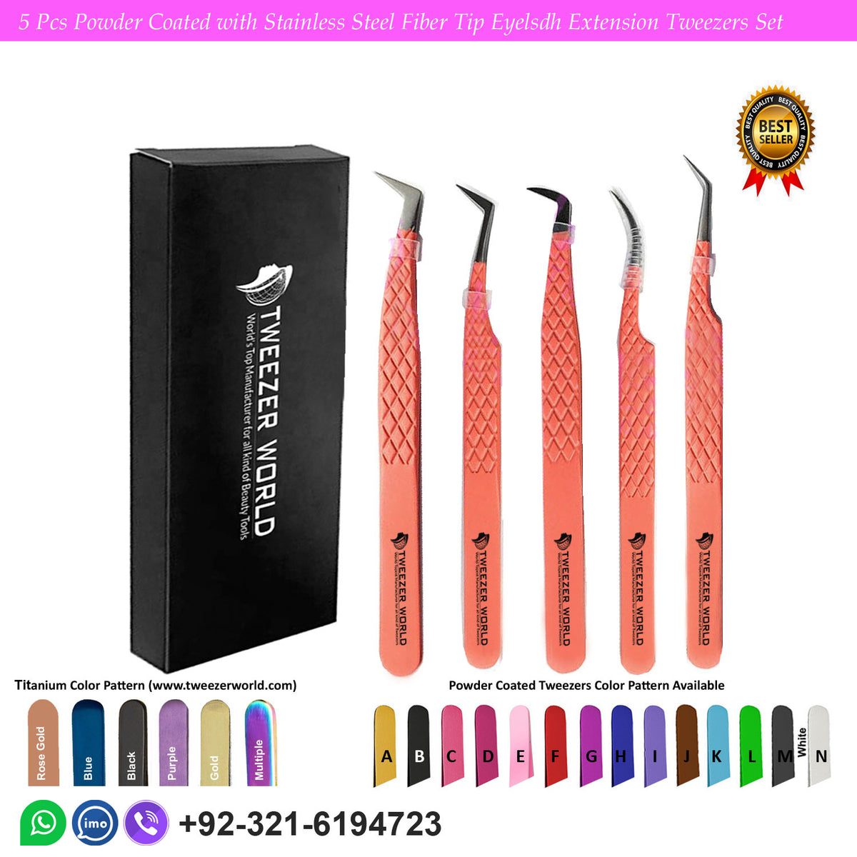 5 Pcs Powder Coated with Stainless Steel Fiber Tip Eyelash Extension Tweezers Set