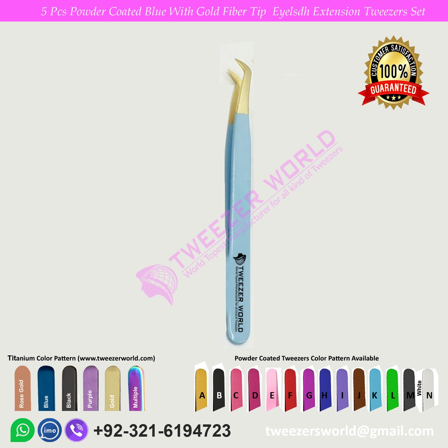 5 Pcs Powder Coated Blue Handle With Gold Fiber Tip Eyelash Extension Tweezers Set