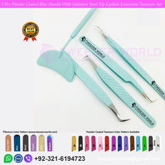 5 Pcs Powder Coated Sky Blue Handle with Stainless Steel Tip Eyelash Extension Tweezers Set