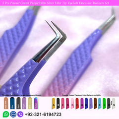 5 Pcs Powder Coated Purple With Silver Fiber Tip Eyelash Extension Tweezers Set