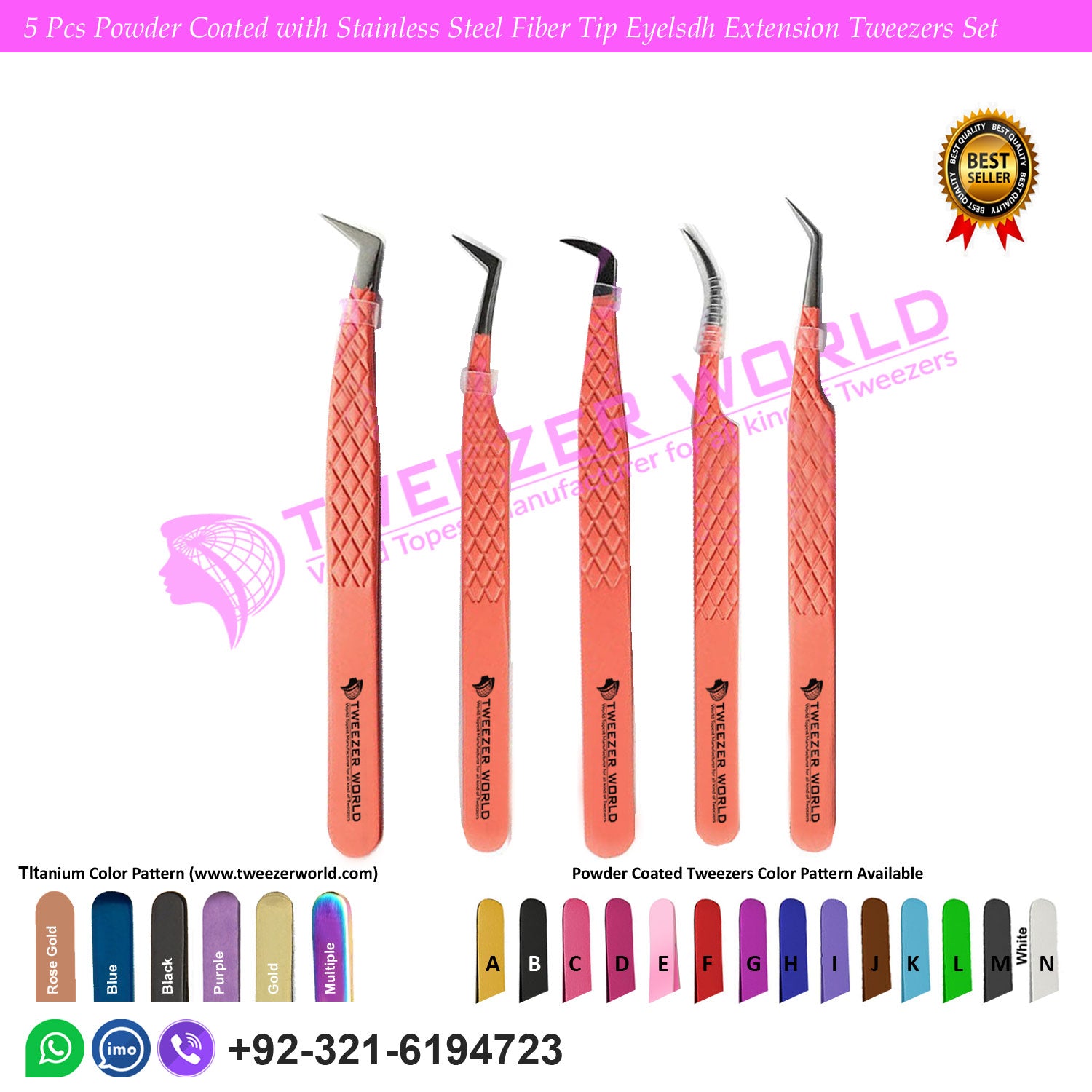 5 Pcs Powder Coated with Stainless Steel Fiber Tip Eyelash Extension Tweezers Set